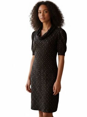 Kasper Black Lace Overlay Sheath Dress Size 10 Cowl Neck Black Lining Zig Zag